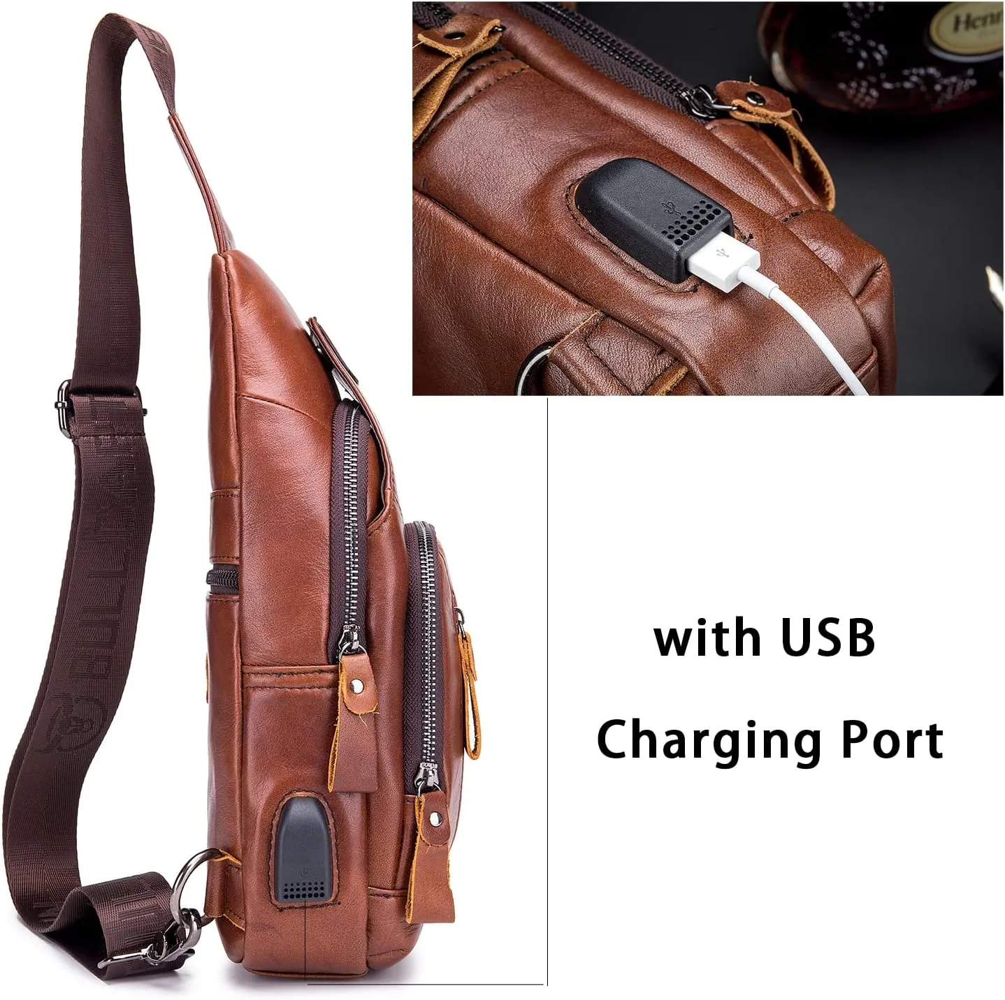 LUKZIJAES Genuine Leather Sling Bag for Men