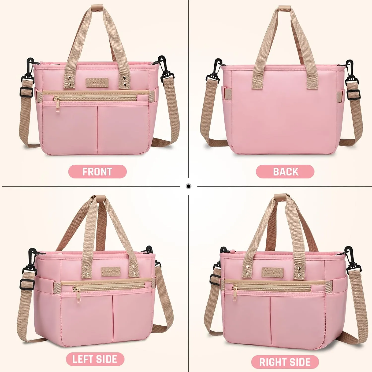 Lunch Bag for Women,Small Insulated Lunch Box,Wide-Open Tote Bag With Removable Shoulder Strap For Picnic,Work,Hiking,Beach (Pink, Small)