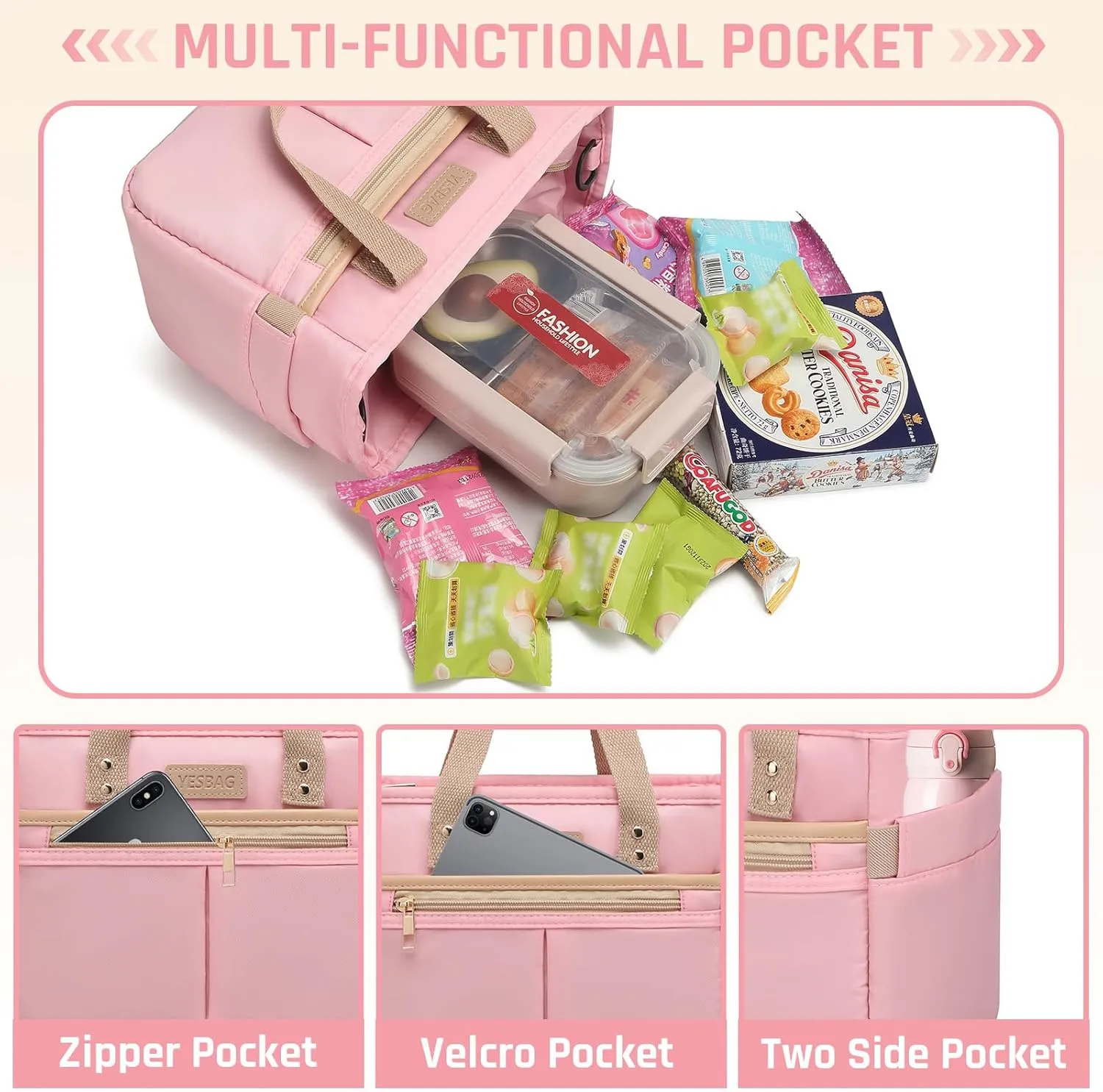 Lunch Bag for Women,Small Insulated Lunch Box,Wide-Open Tote Bag With Removable Shoulder Strap For Picnic,Work,Hiking,Beach (Pink, Small)