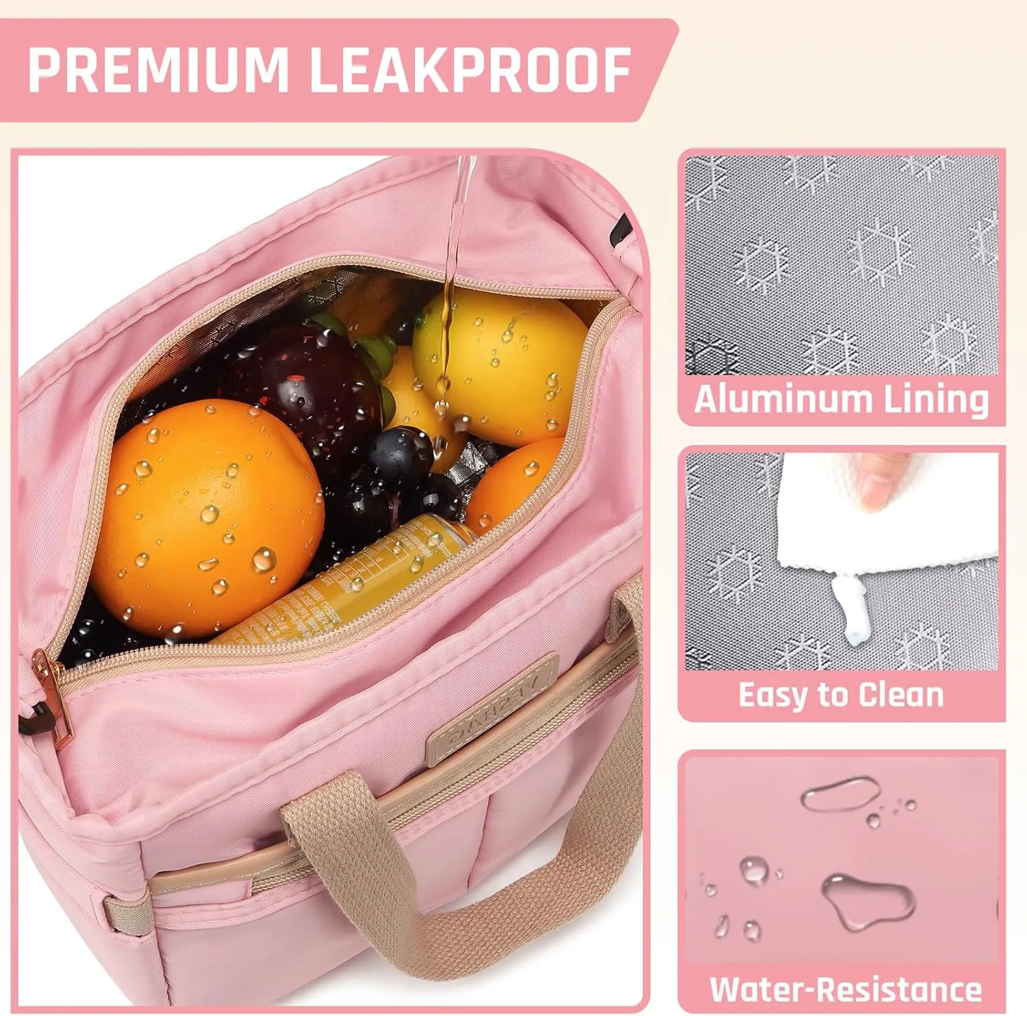 Lunch Bag for Women,Small Insulated Lunch Box,Wide-Open Tote Bag With Removable Shoulder Strap For Picnic,Work,Hiking,Beach (Pink, Small)
