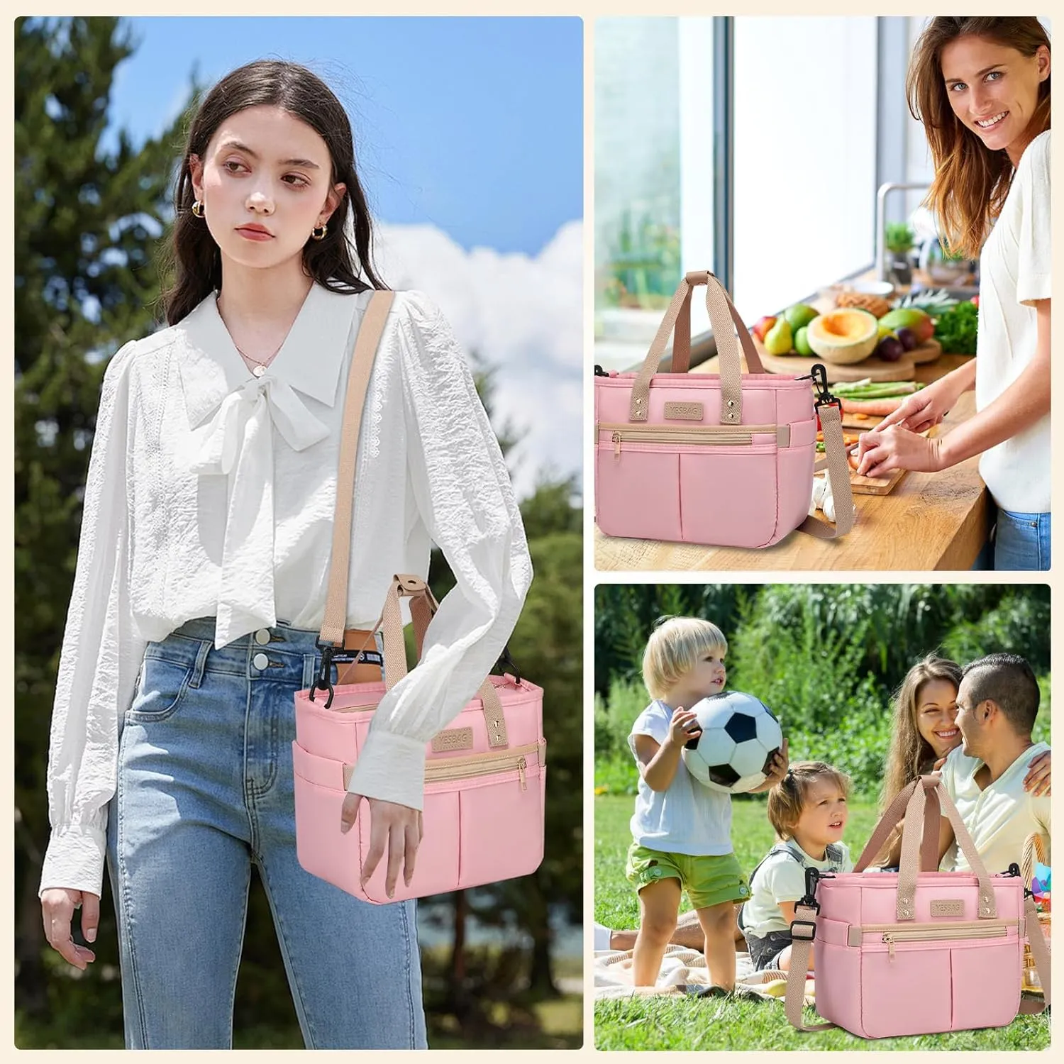 Lunch Bag for Women,Small Insulated Lunch Box,Wide-Open Tote Bag With Removable Shoulder Strap For Picnic,Work,Hiking,Beach (Pink, Small)