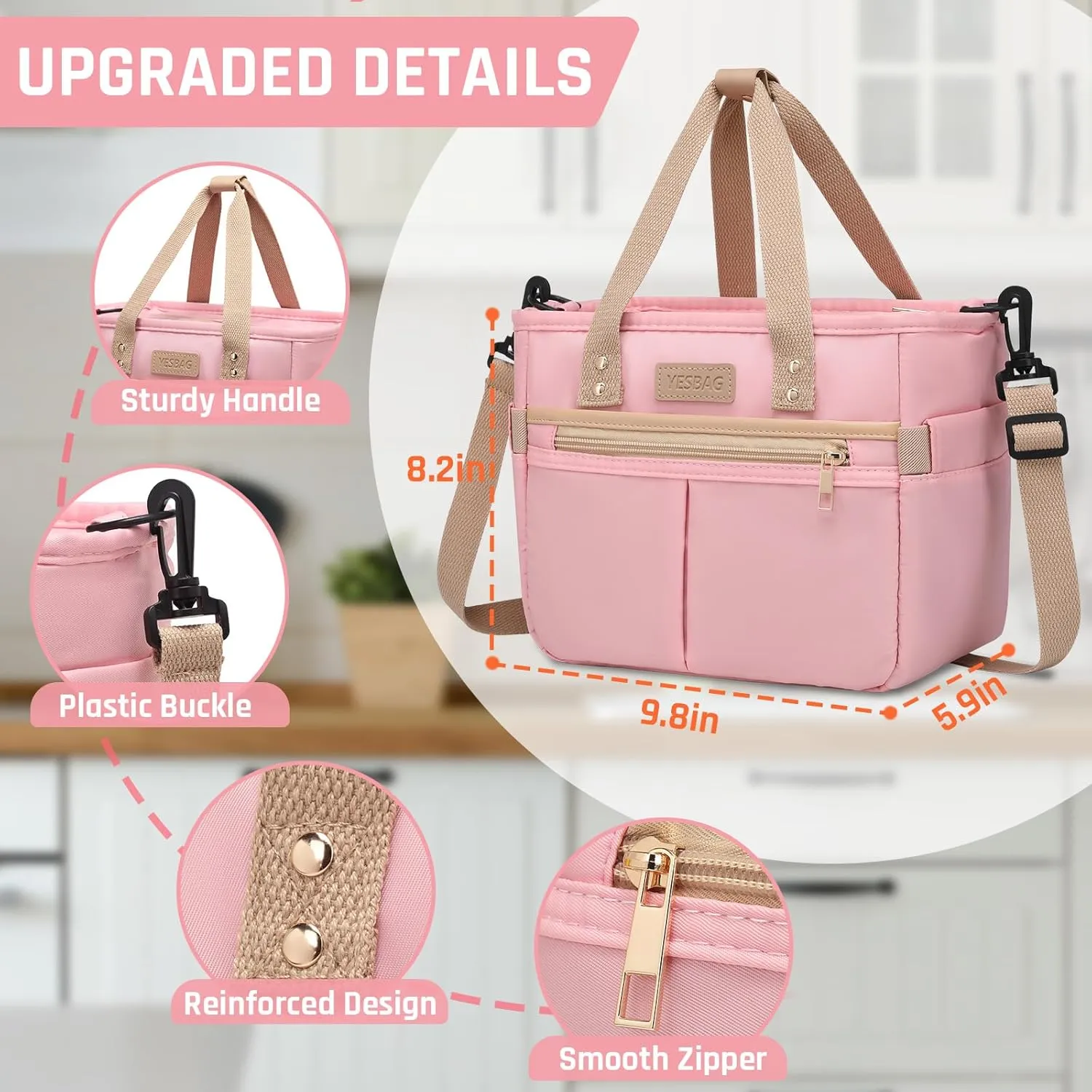 Lunch Bag for Women,Small Insulated Lunch Box,Wide-Open Tote Bag With Removable Shoulder Strap For Picnic,Work,Hiking,Beach (Pink, Small)
