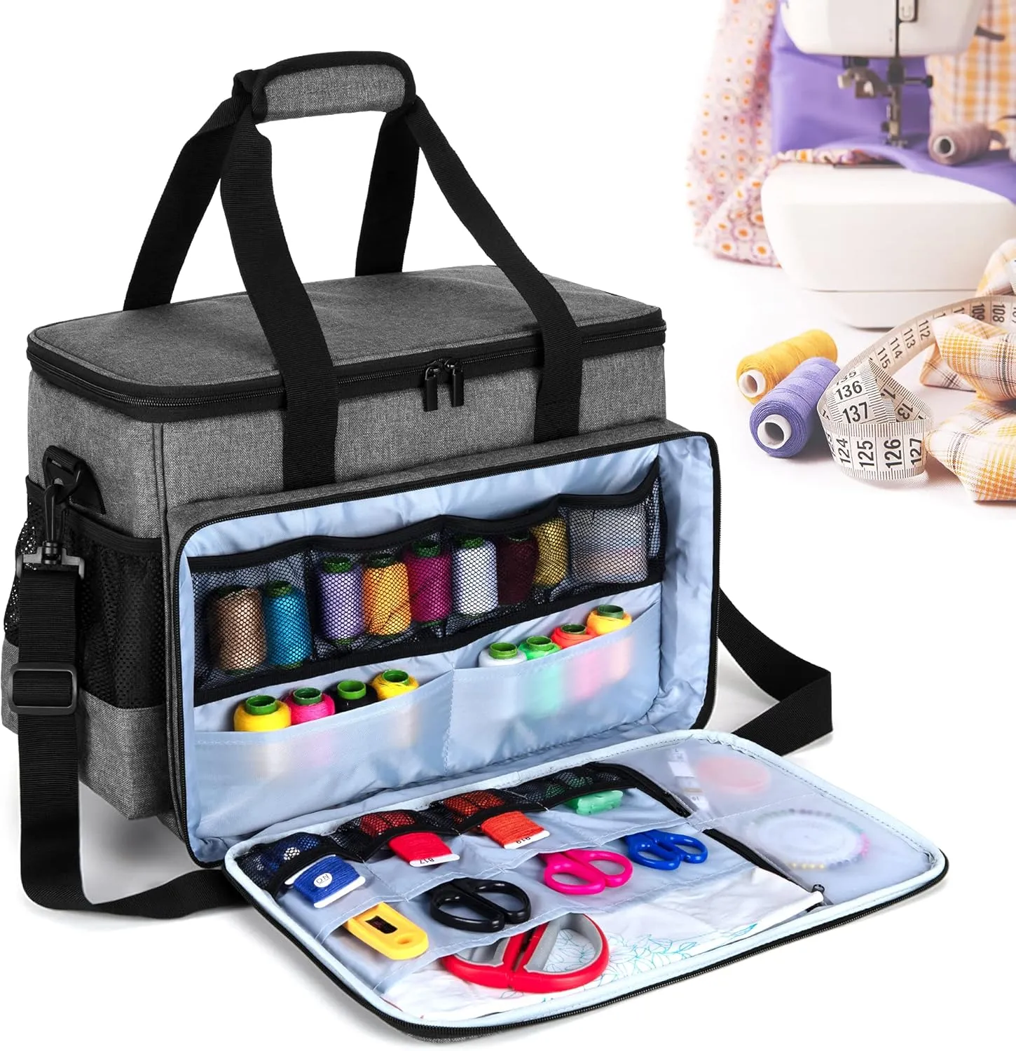 LUXJA Sewing Machine Carrying Bag with Removable Padding Pad, Tote Bag for Sewing Machine and Extra Sewing Accessories, Gray