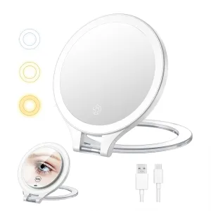 Luxspire Magnifying Mirror with Light, 10X / 1X Double Sided Makeup Mirror, Portable Travel Makeup Mirror with 3 Color Lights and Magnification, Foldable Handheld Lighted Mirror, White