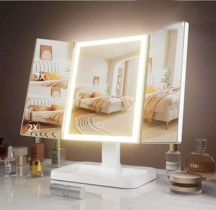 Magnifying Mirror, Table top, Folding. 1x 2X 3X Magnifying Mirror with Adjustable Brightness, Stand, Makeup/Accessories Holding Pouch, White