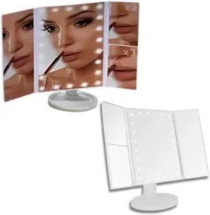 Magnifying Mirror with LED Lights, 3 Fold, 2X, 3X Magnification, Touch Sensitive Light Control, Super Bright LED Lights, 180° Swivel Function, Handy Make-Up Tray, 22 LEDs.