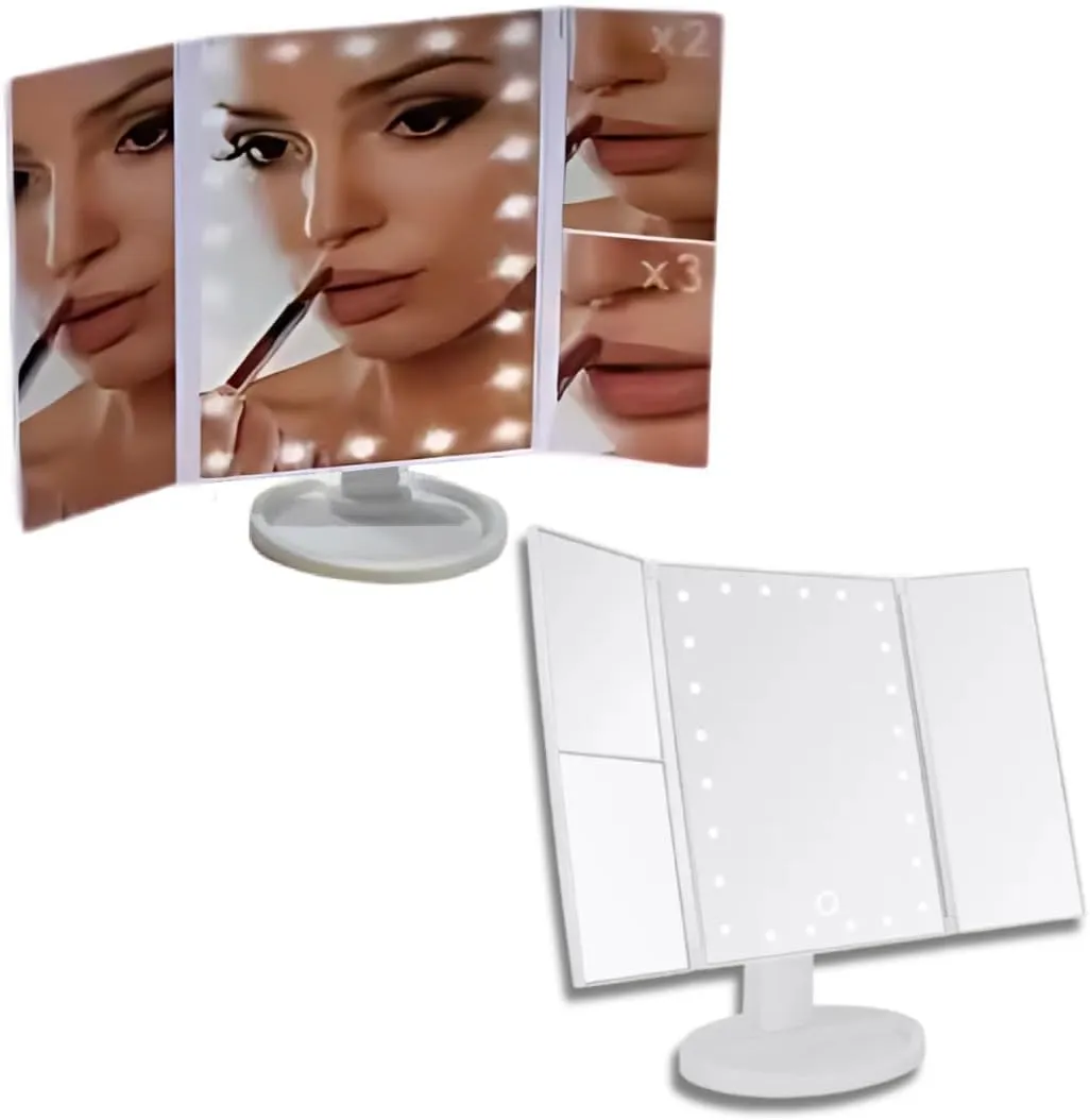 Magnifying Mirror with LED Lights, 3 Fold, 2X, 3X Magnification, Touch Sensitive Light Control, Super Bright LED Lights, 180° Swivel Function, Handy Make-Up Tray, 22 LEDs.