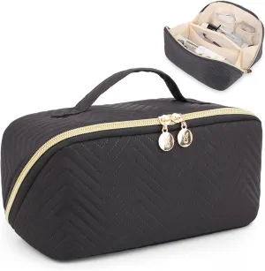 Makeup Bag Cosmetic Bag, Large Capacity Travel Makeup Bag for Women with Portable Pouch Open Flat Water-resistant Toiletry Organizer Bag with Handle Divider（Black）