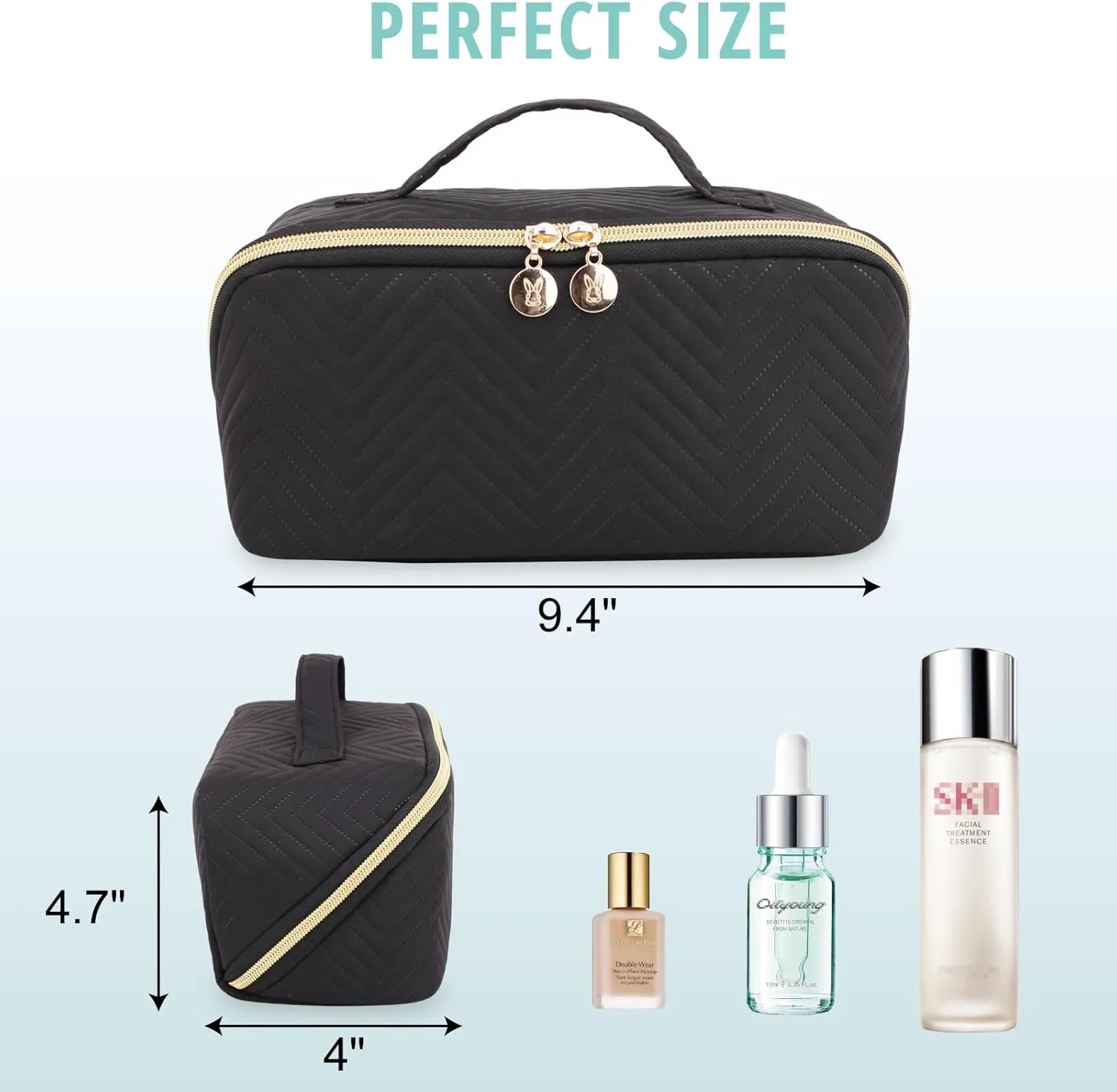 Makeup Bag Cosmetic Bag, Large Capacity Travel Makeup Bag for Women with Portable Pouch Open Flat Water-resistant Toiletry Organizer Bag with Handle Divider（Black）