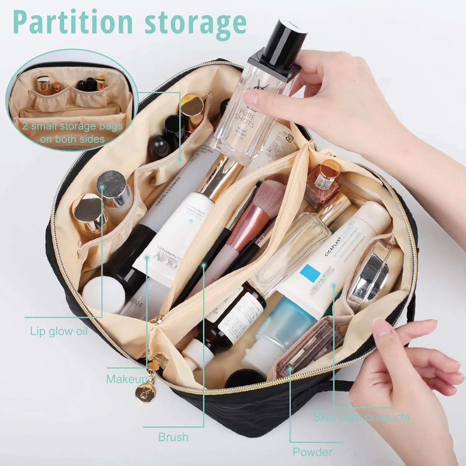 Makeup Bag Cosmetic Bag, Large Capacity Travel Makeup Bag for Women with Portable Pouch Open Flat Water-resistant Toiletry Organizer Bag with Handle Divider（Black）