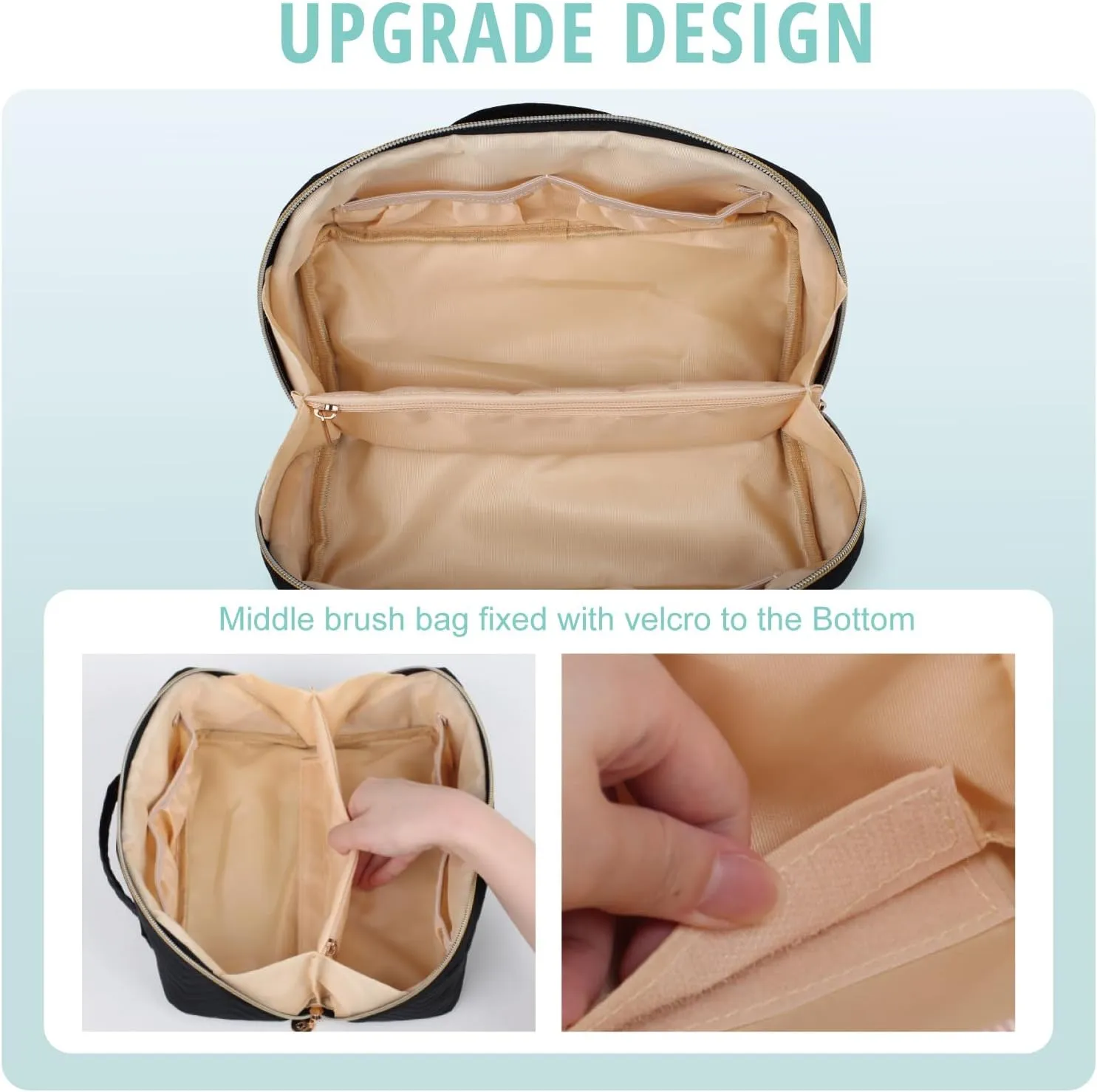 Makeup Bag Cosmetic Bag, Large Capacity Travel Makeup Bag for Women with Portable Pouch Open Flat Water-resistant Toiletry Organizer Bag with Handle Divider（Black）