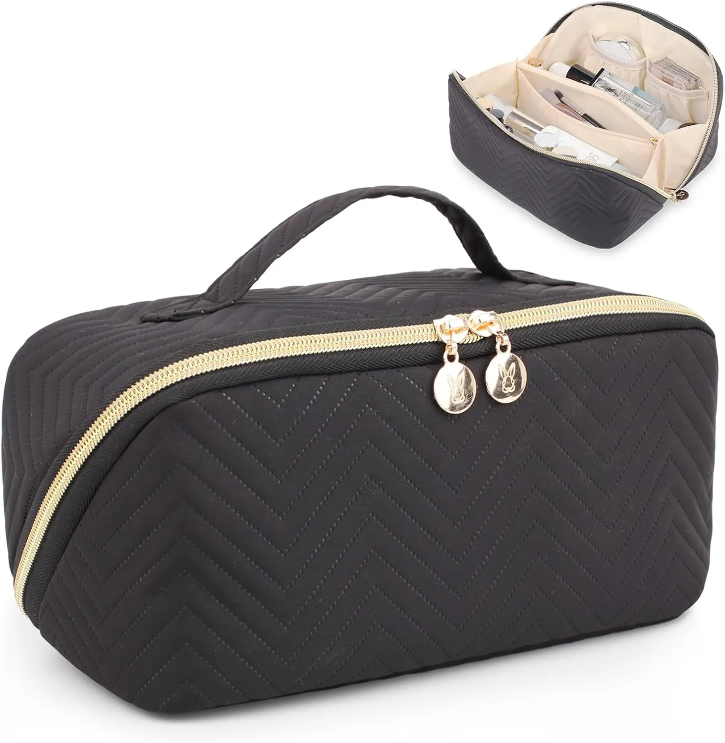 Makeup Bag Cosmetic Bag, Large Capacity Travel Makeup Bag for Women with Portable Pouch Open Flat Water-resistant Toiletry Organizer Bag with Handle Divider（Black）