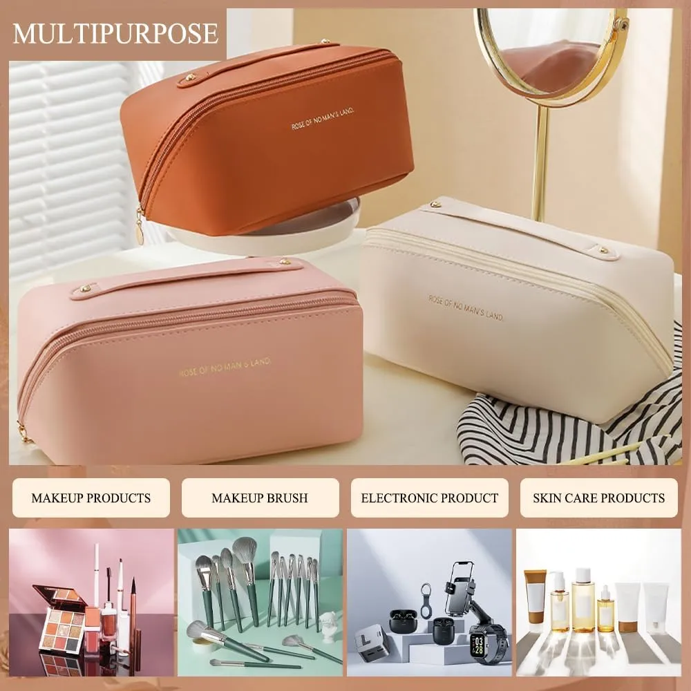 Makeup Bag Cosmetic Bag,Portable Pouch Open Flat Toiletry Bag Make up Organizer with Divider, Handle and small cosmetic bag Travel Essentials (Caramel Brown)