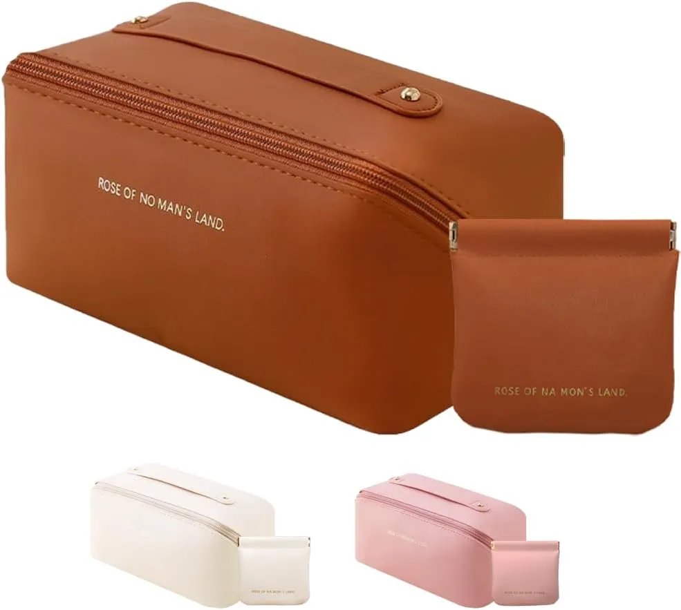 Makeup Bag Cosmetic Bag,Portable Pouch Open Flat Toiletry Bag Make up Organizer with Divider, Handle and small cosmetic bag Travel Essentials (Caramel Brown)