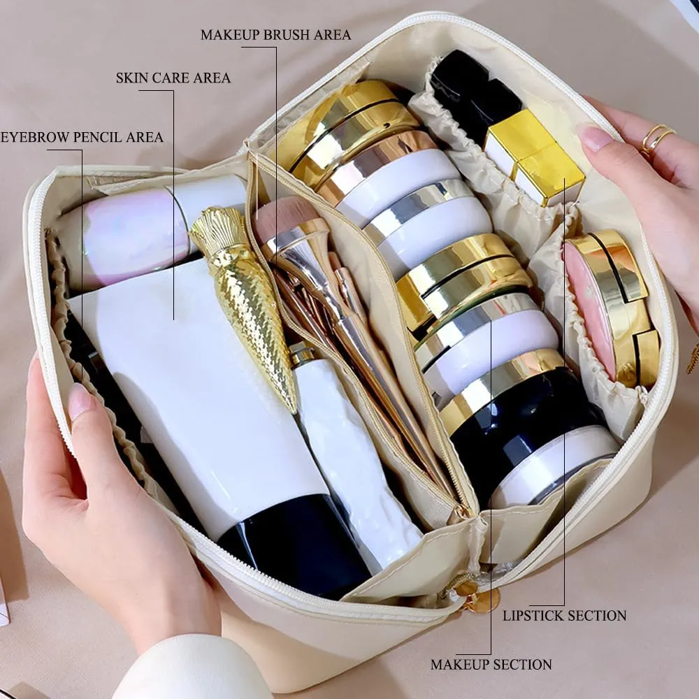 Makeup Bag Cosmetic Bag,Portable Pouch Open Flat Toiletry Bag Make up Organizer with Divider, Handle and small cosmetic bag Travel Essentials (Caramel Brown)