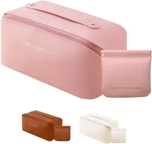Makeup Bag Cosmetic Bag,Portable Pouch Open Flat Toiletry Bag Make up Organizer with Divider, Handle and small cosmetic bag Travel Essentials (Rouge)