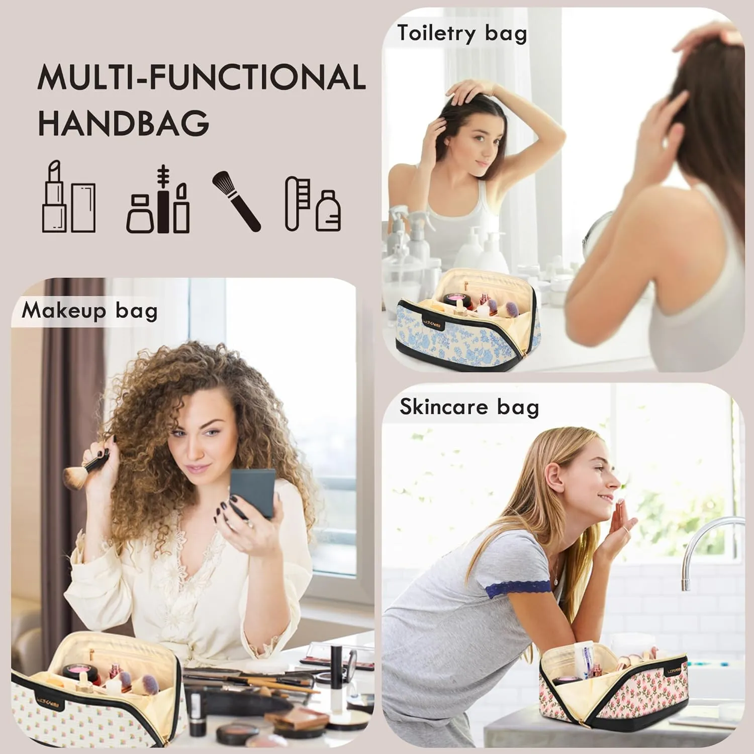 Makeup Bag Large Capacity Travel Make Up Bag, Makeup Organizer Cosmetic Bags for Women Travel Toiletry Bag for Women Skincare Bag with Handle and Divider