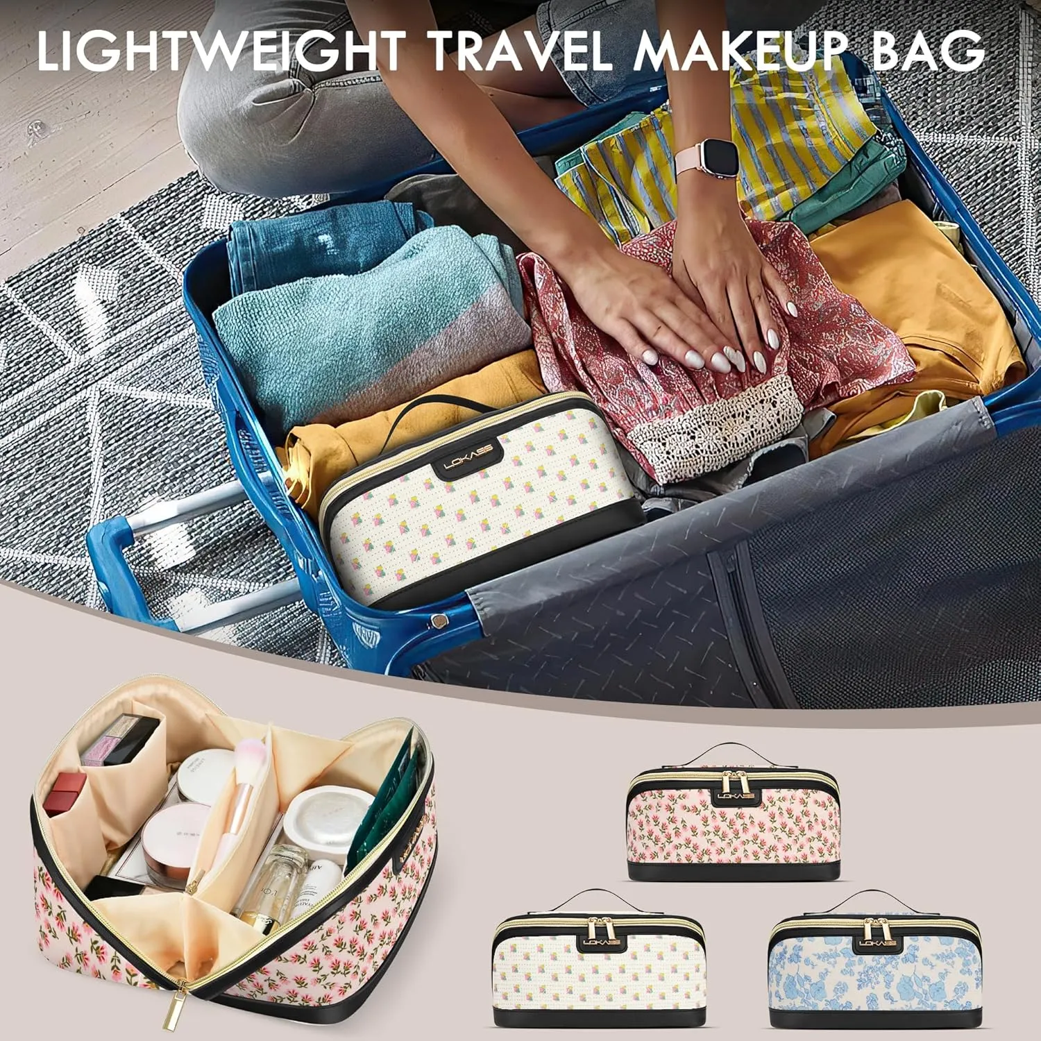 Makeup Bag Large Capacity Travel Make Up Bag, Makeup Organizer Cosmetic Bags for Women Travel Toiletry Bag for Women Skincare Bag with Handle and Divider