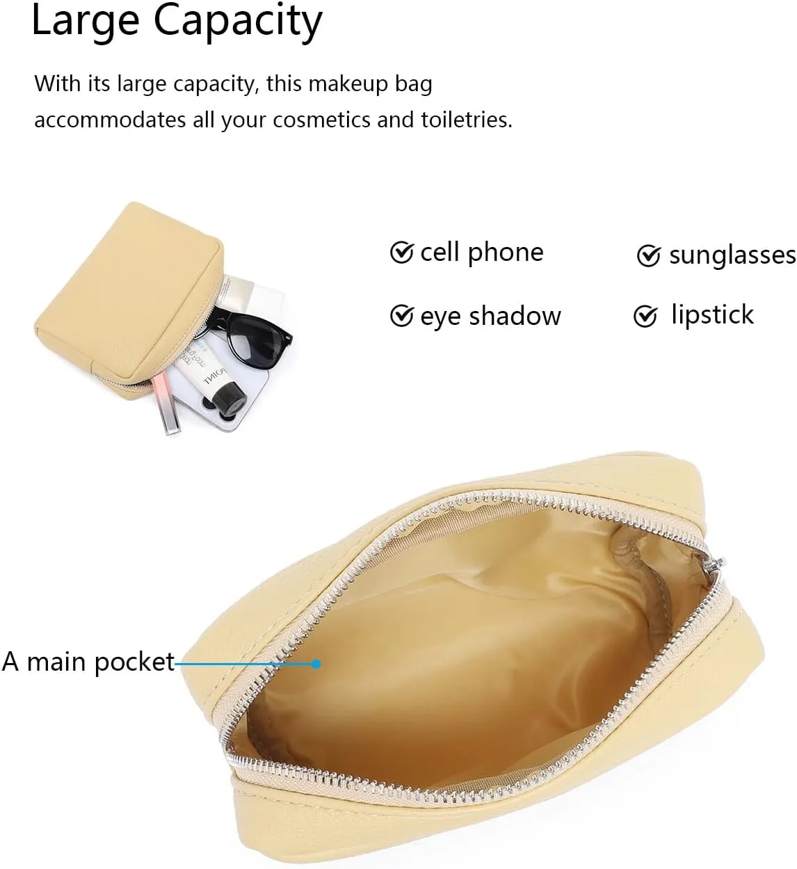 Makeup Bag Large Capacity Women's Classic Black Wash Bag Adjustable Partition Wash Brush and Cosmetic Carrying Bag (PU/Almond Yellow)