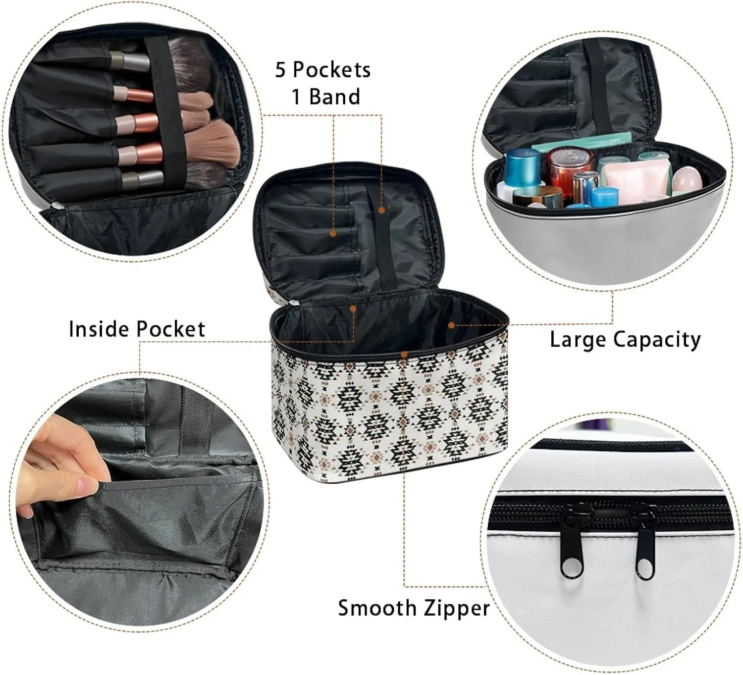 Makeup Bag, Western Style Cosmetic Bag, Large Capacity Travel Makeup Organizer, Toiletry Bag For Women & Girls With Handle and Divider (Aztec)