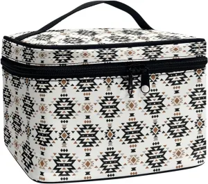 Makeup Bag, Western Style Cosmetic Bag, Large Capacity Travel Makeup Organizer, Toiletry Bag For Women & Girls With Handle and Divider (Aztec)