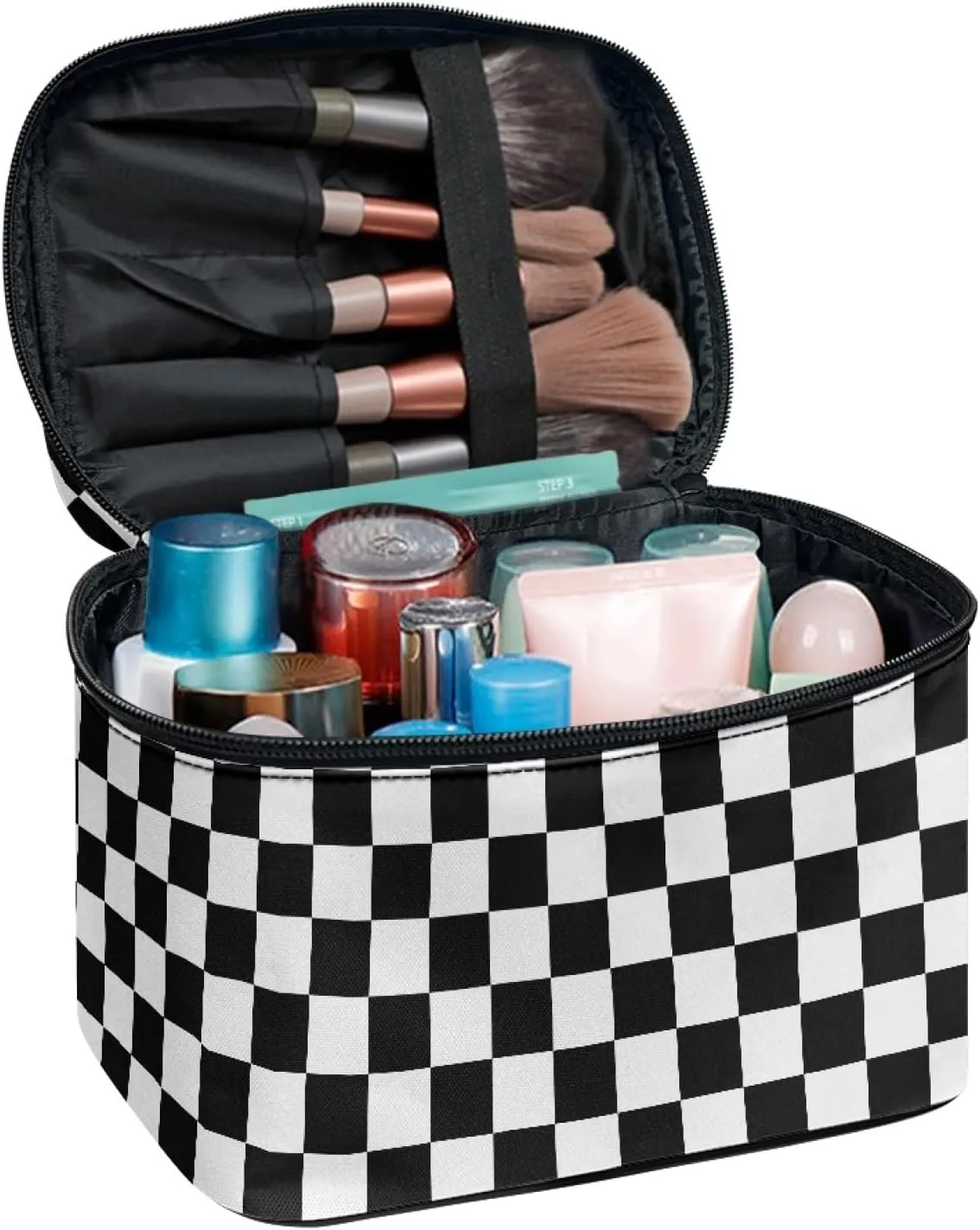 Makeup Bag, Western Style Cosmetic Bag, Large Capacity Travel Makeup Organizer, Toiletry Bag For Women & Girls With Handle and Divider (Black & White Checkerboard)