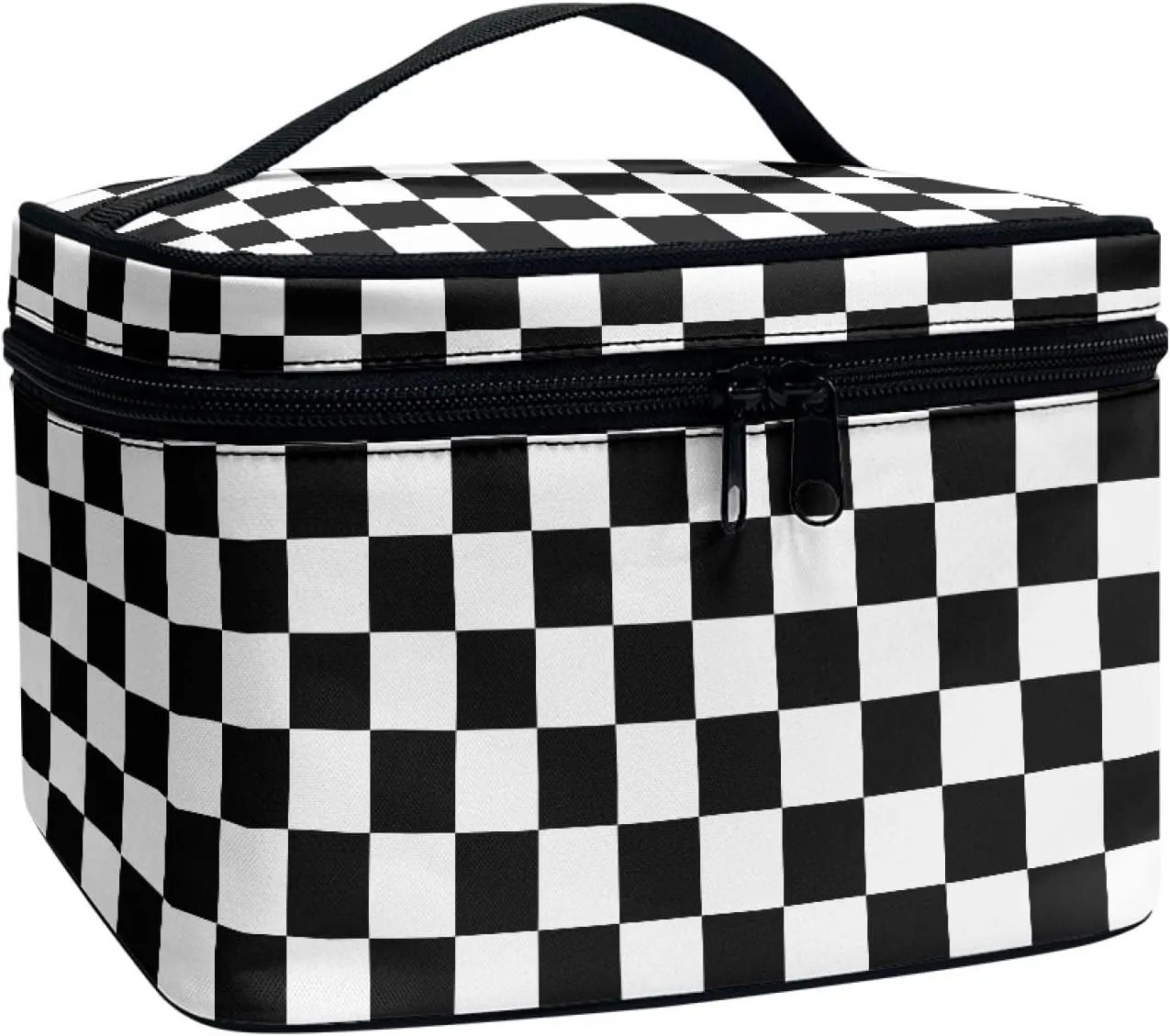 Makeup Bag, Western Style Cosmetic Bag, Large Capacity Travel Makeup Organizer, Toiletry Bag For Women & Girls With Handle and Divider (Black & White Checkerboard)