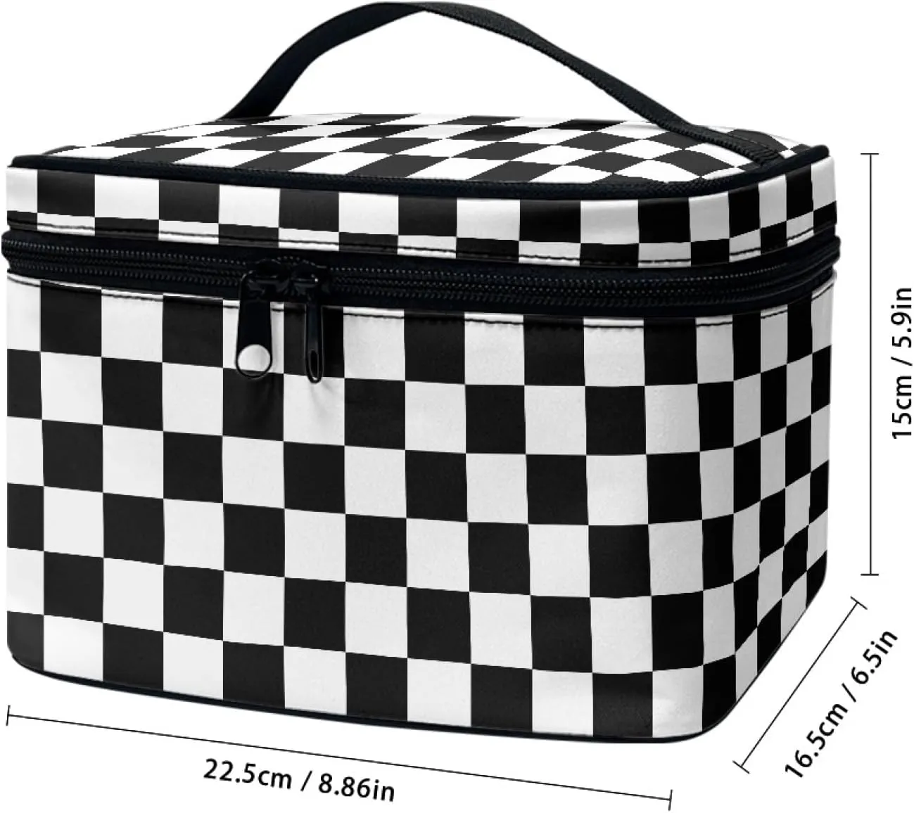 Makeup Bag, Western Style Cosmetic Bag, Large Capacity Travel Makeup Organizer, Toiletry Bag For Women & Girls With Handle and Divider (Black & White Checkerboard)