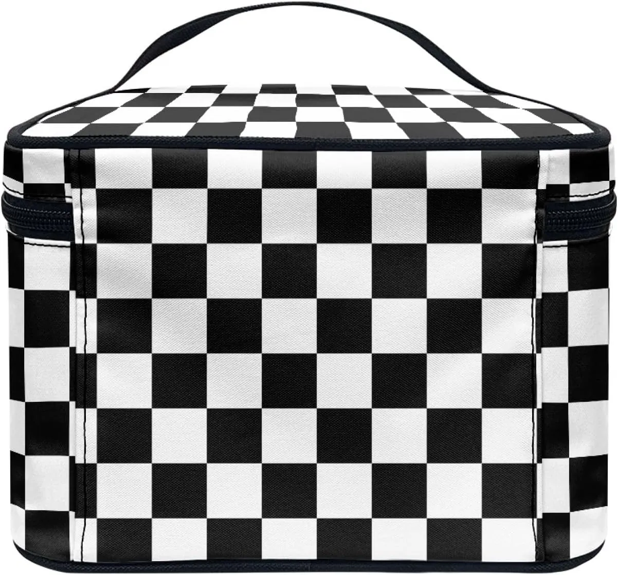 Makeup Bag, Western Style Cosmetic Bag, Large Capacity Travel Makeup Organizer, Toiletry Bag For Women & Girls With Handle and Divider (Black & White Checkerboard)