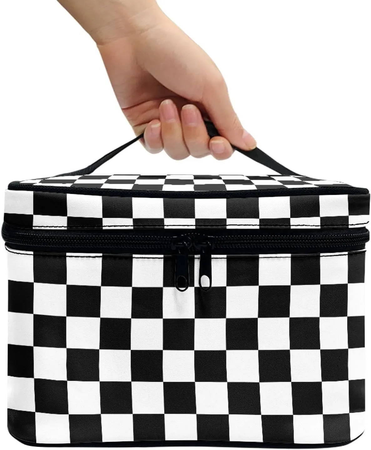 Makeup Bag, Western Style Cosmetic Bag, Large Capacity Travel Makeup Organizer, Toiletry Bag For Women & Girls With Handle and Divider (Black & White Checkerboard)