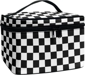 Makeup Bag, Western Style Cosmetic Bag, Large Capacity Travel Makeup Organizer, Toiletry Bag For Women & Girls With Handle and Divider (Black & White Checkerboard)