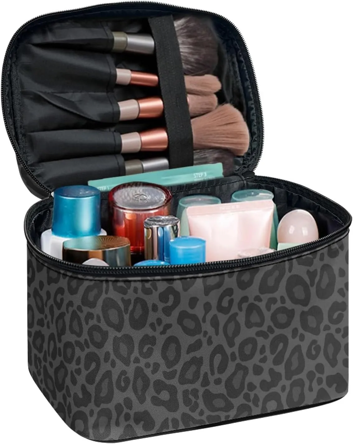 Makeup Bag, Western Style Cosmetic Bag, Large Capacity Travel Makeup Organizer, Toiletry Bag For Women & Girls With Handle and Divider (Black Leopard)