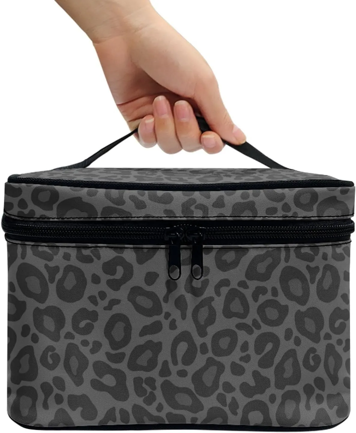 Makeup Bag, Western Style Cosmetic Bag, Large Capacity Travel Makeup Organizer, Toiletry Bag For Women & Girls With Handle and Divider (Black Leopard)
