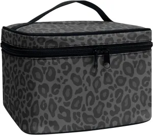 Makeup Bag, Western Style Cosmetic Bag, Large Capacity Travel Makeup Organizer, Toiletry Bag For Women & Girls With Handle and Divider (Black Leopard)