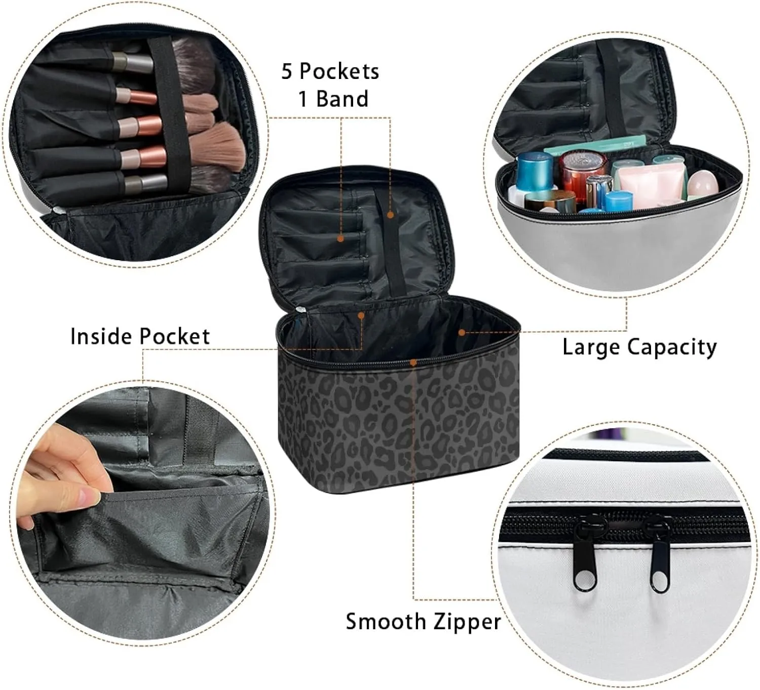 Makeup Bag, Western Style Cosmetic Bag, Large Capacity Travel Makeup Organizer, Toiletry Bag For Women & Girls With Handle and Divider (Black Leopard)