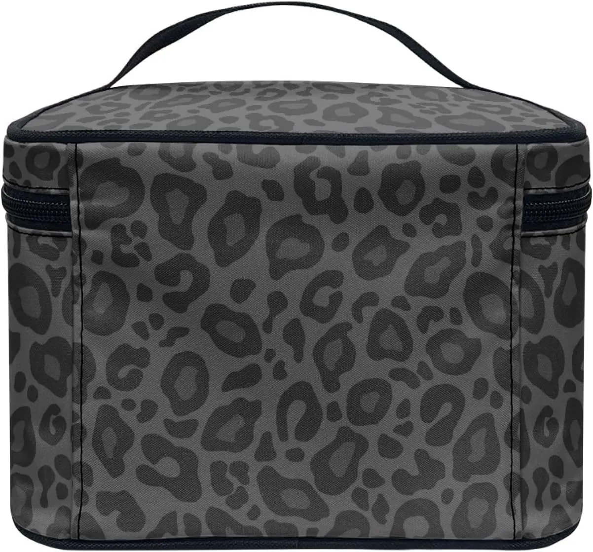 Makeup Bag, Western Style Cosmetic Bag, Large Capacity Travel Makeup Organizer, Toiletry Bag For Women & Girls With Handle and Divider (Black Leopard)