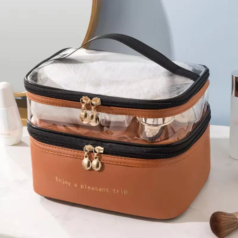 Makeup Bag with double layer Cosmetic Organizer Portable Artist Storage Bag with Adjustable Dividers Makeup Brushes Storage Organize (Brown), HZ-0225