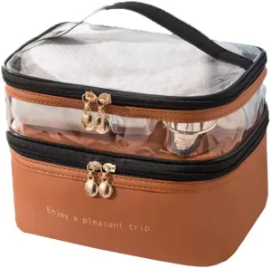 Makeup Bag with double layer Cosmetic Organizer Portable Artist Storage Bag with Adjustable Dividers Makeup Brushes Storage Organize (Brown), HZ-0225