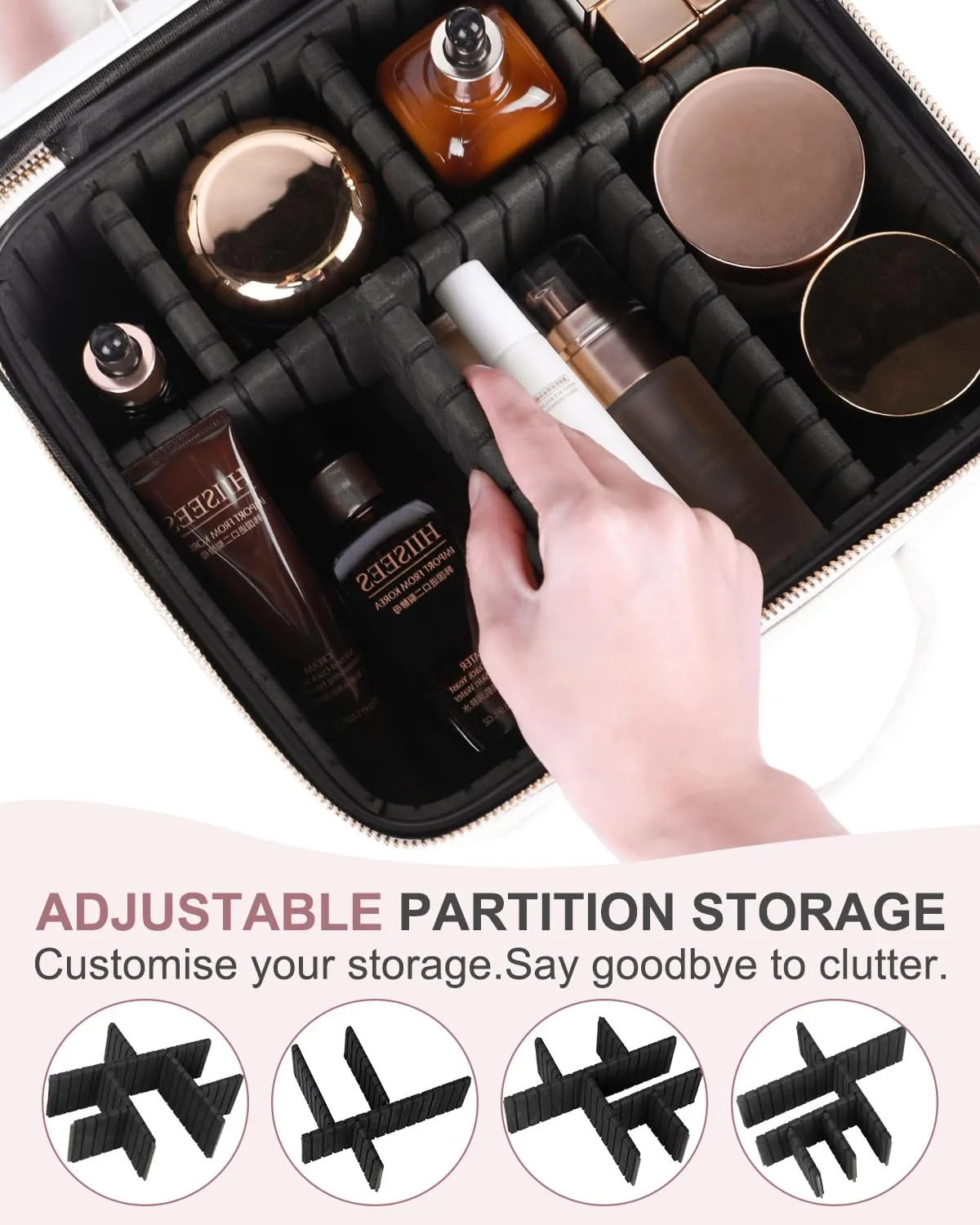 Makeup Bag with LED Mirror and Travel Makeup Train Case Cosmetic Organiser with 2X3X Magnifying Mirror and Separate Makeup Brush Panel, Portable Adjustable Divider Storage Bag, Creamy-white