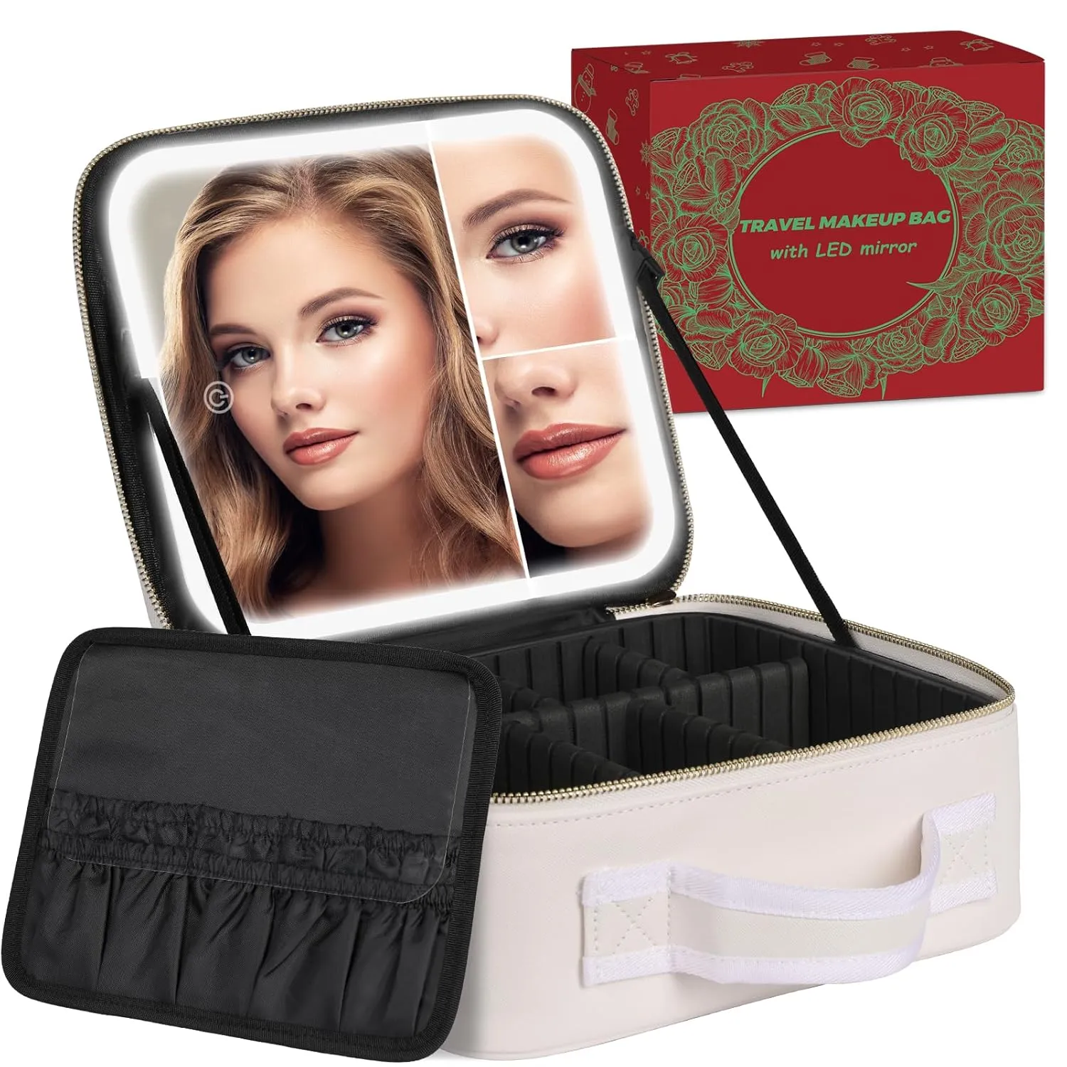 Makeup Bag with LED Mirror and Travel Makeup Train Case Cosmetic Organiser with 2X3X Magnifying Mirror and Separate Makeup Brush Panel, Portable Adjustable Divider Storage Bag, Creamy-white