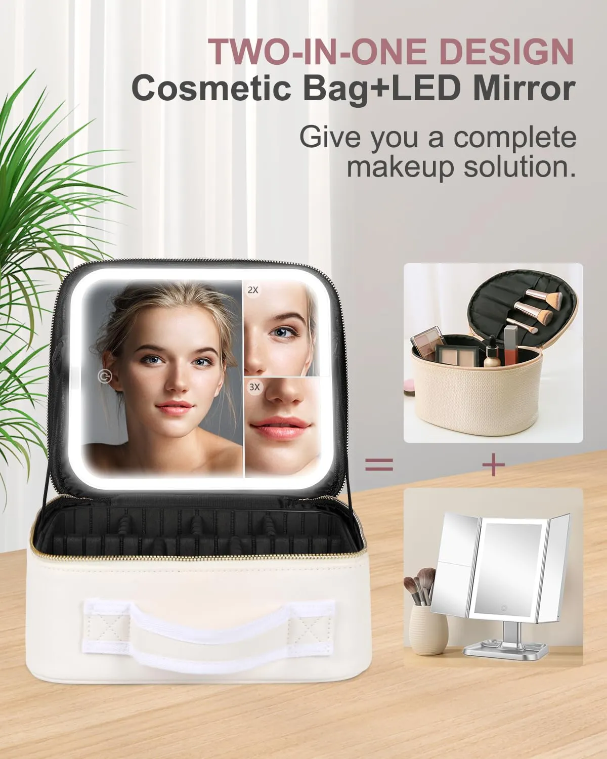 Makeup Bag with LED Mirror and Travel Makeup Train Case Cosmetic Organiser with 2X3X Magnifying Mirror and Separate Makeup Brush Panel, Portable Adjustable Divider Storage Bag, Creamy-white