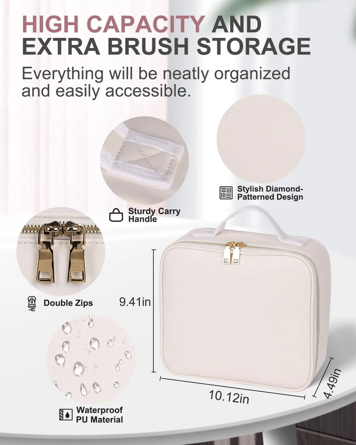 Makeup Bag with LED Mirror and Travel Makeup Train Case Cosmetic Organiser with 2X3X Magnifying Mirror and Separate Makeup Brush Panel, Portable Adjustable Divider Storage Bag, Creamy-white
