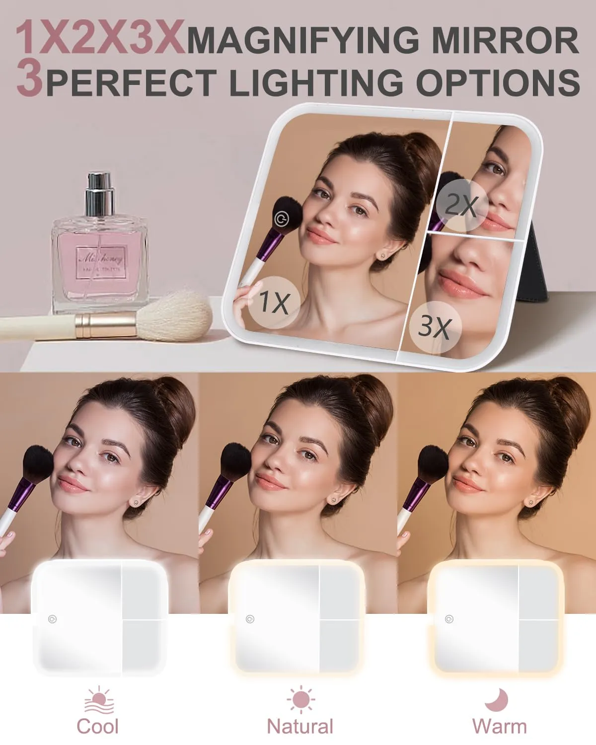 Makeup Bag with LED Mirror and Travel Makeup Train Case Cosmetic Organiser with 2X3X Magnifying Mirror and Separate Makeup Brush Panel, Portable Adjustable Divider Storage Bag, Creamy-white