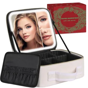 Makeup Bag with LED Mirror and Travel Makeup Train Case Cosmetic Organiser with 2X3X Magnifying Mirror and Separate Makeup Brush Panel, Portable Adjustable Divider Storage Bag, Creamy-white