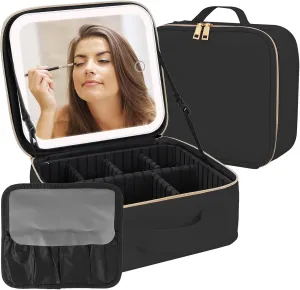 Makeup Bag With Mirror,Make up Bag With Mirror And Light,Travel Organizer Makeup,With 3 Colour light Settings and Lighted Makeup Case ,Travel Portable Storage Box,Adjustable Divider Makeup Bag(Black)