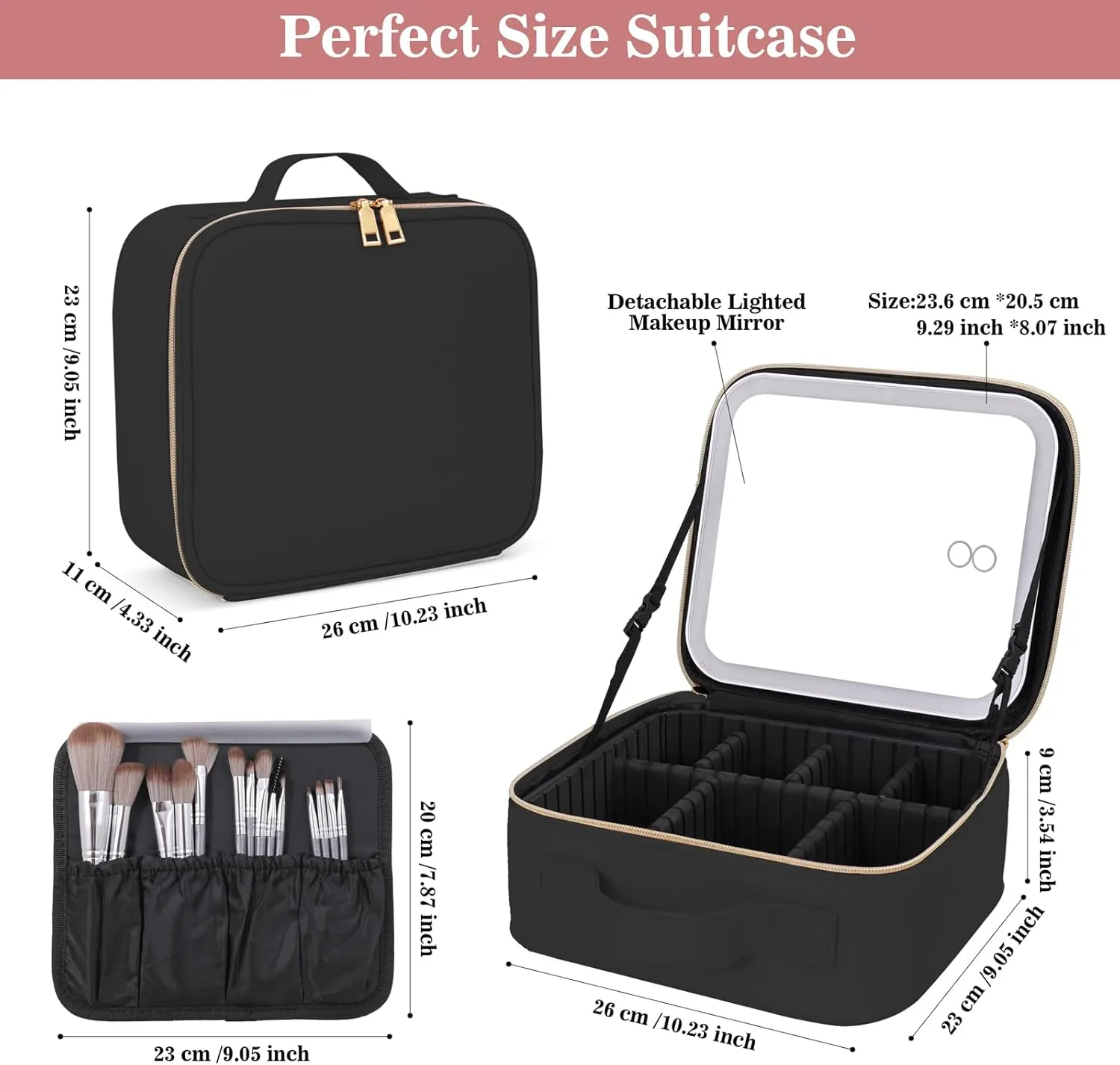Makeup Bag With Mirror,Make up Bag With Mirror And Light,Travel Organizer Makeup,With 3 Colour light Settings and Lighted Makeup Case ,Travel Portable Storage Box,Adjustable Divider Makeup Bag(Black)