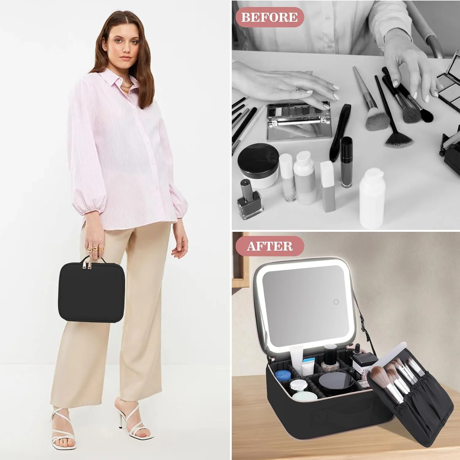 Makeup Bag With Mirror,Make up Bag With Mirror And Light,Travel Organizer Makeup,With 3 Colour light Settings and Lighted Makeup Case ,Travel Portable Storage Box,Adjustable Divider Makeup Bag(Black)