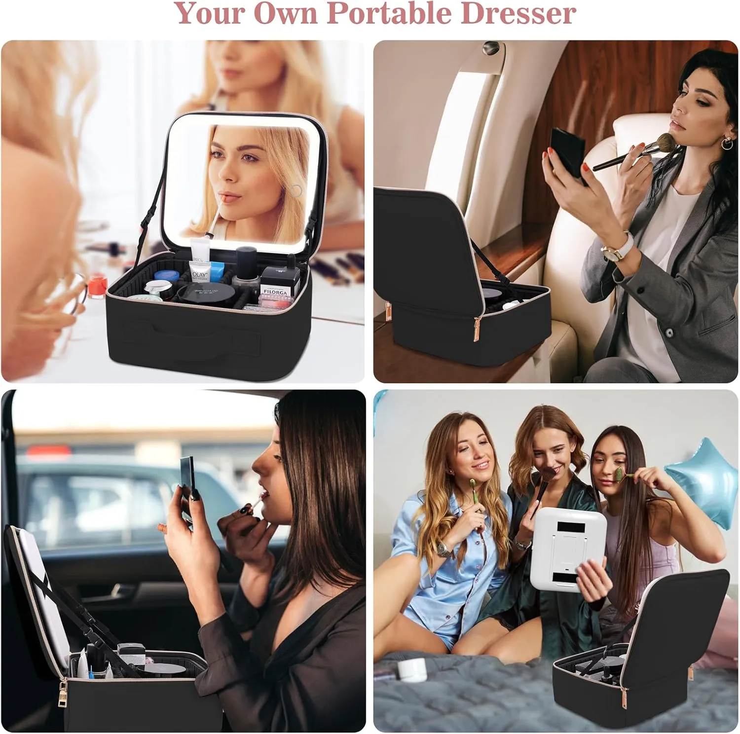 Makeup Bag With Mirror,Make up Bag With Mirror And Light,Travel Organizer Makeup,With 3 Colour light Settings and Lighted Makeup Case ,Travel Portable Storage Box,Adjustable Divider Makeup Bag(Black)