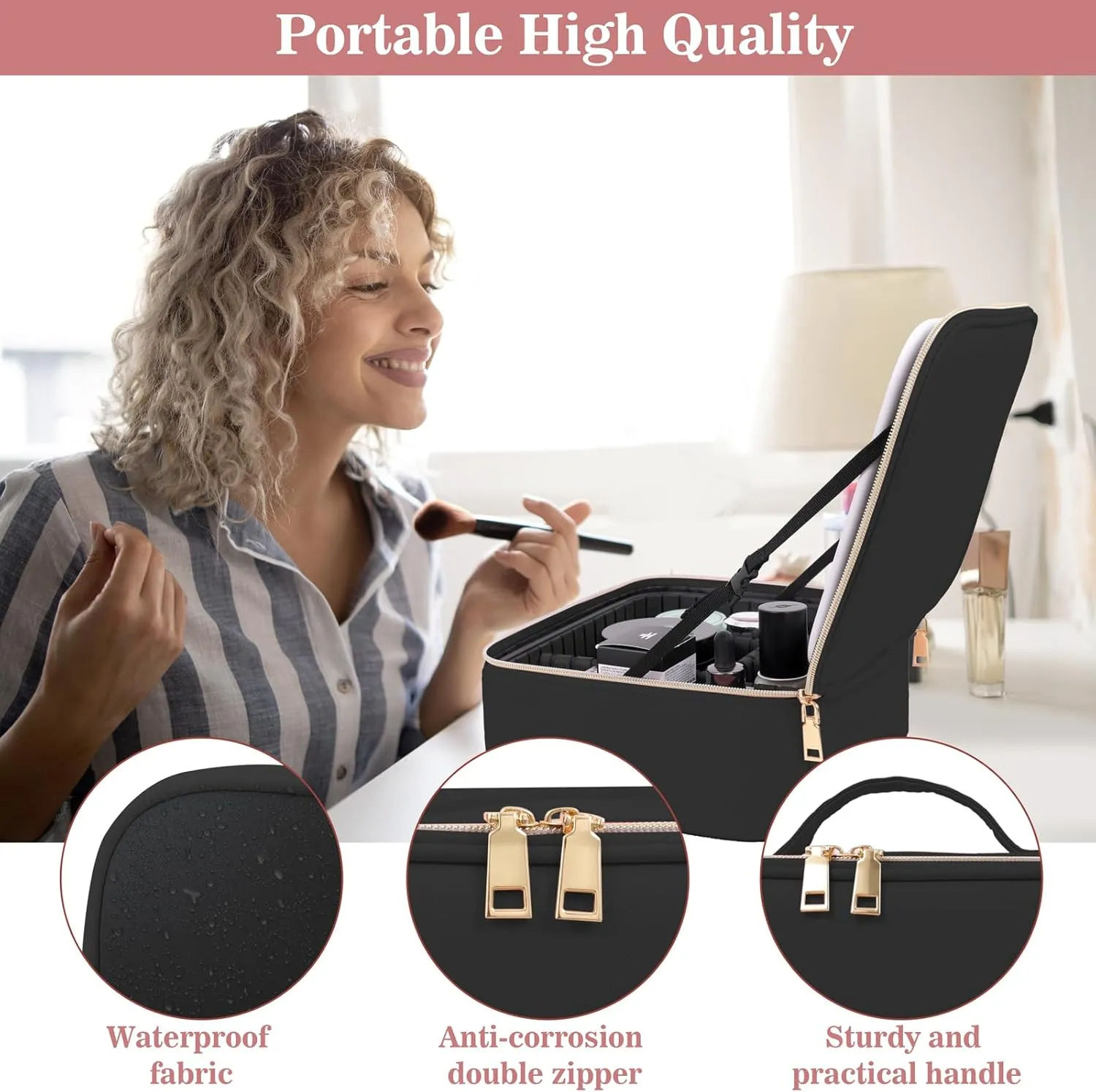 Makeup Bag With Mirror,Make up Bag With Mirror And Light,Travel Organizer Makeup,With 3 Colour light Settings and Lighted Makeup Case ,Travel Portable Storage Box,Adjustable Divider Makeup Bag(Black)