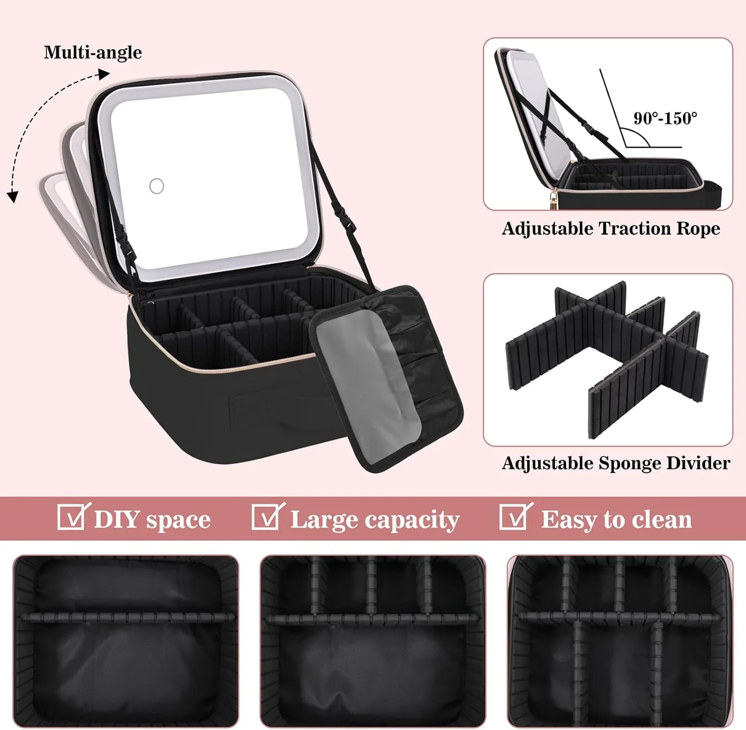 Makeup Bag With Mirror,Make up Bag With Mirror And Light,Travel Organizer Makeup,With 3 Colour light Settings and Lighted Makeup Case ,Travel Portable Storage Box,Adjustable Divider Makeup Bag(Black)